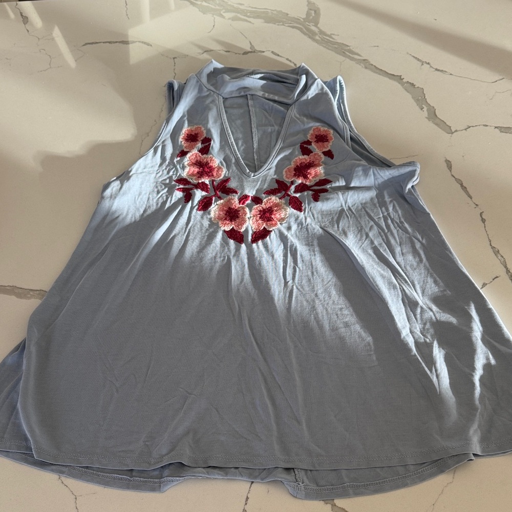 Alya Light Blue V-Neck Tank with Pink Floral Embroidery